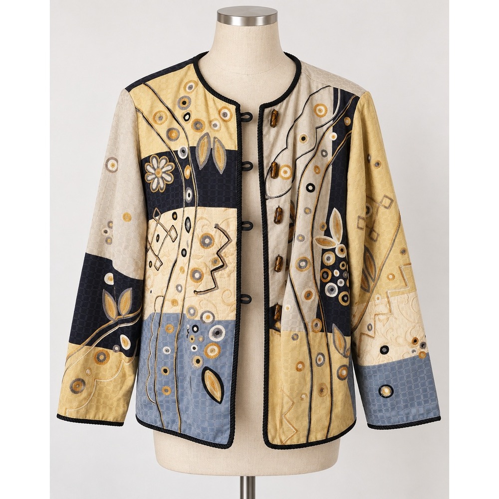 Indigo Moon Vintage Embroidered Patchwork Wearable Art Jacket Boho Size Medium
